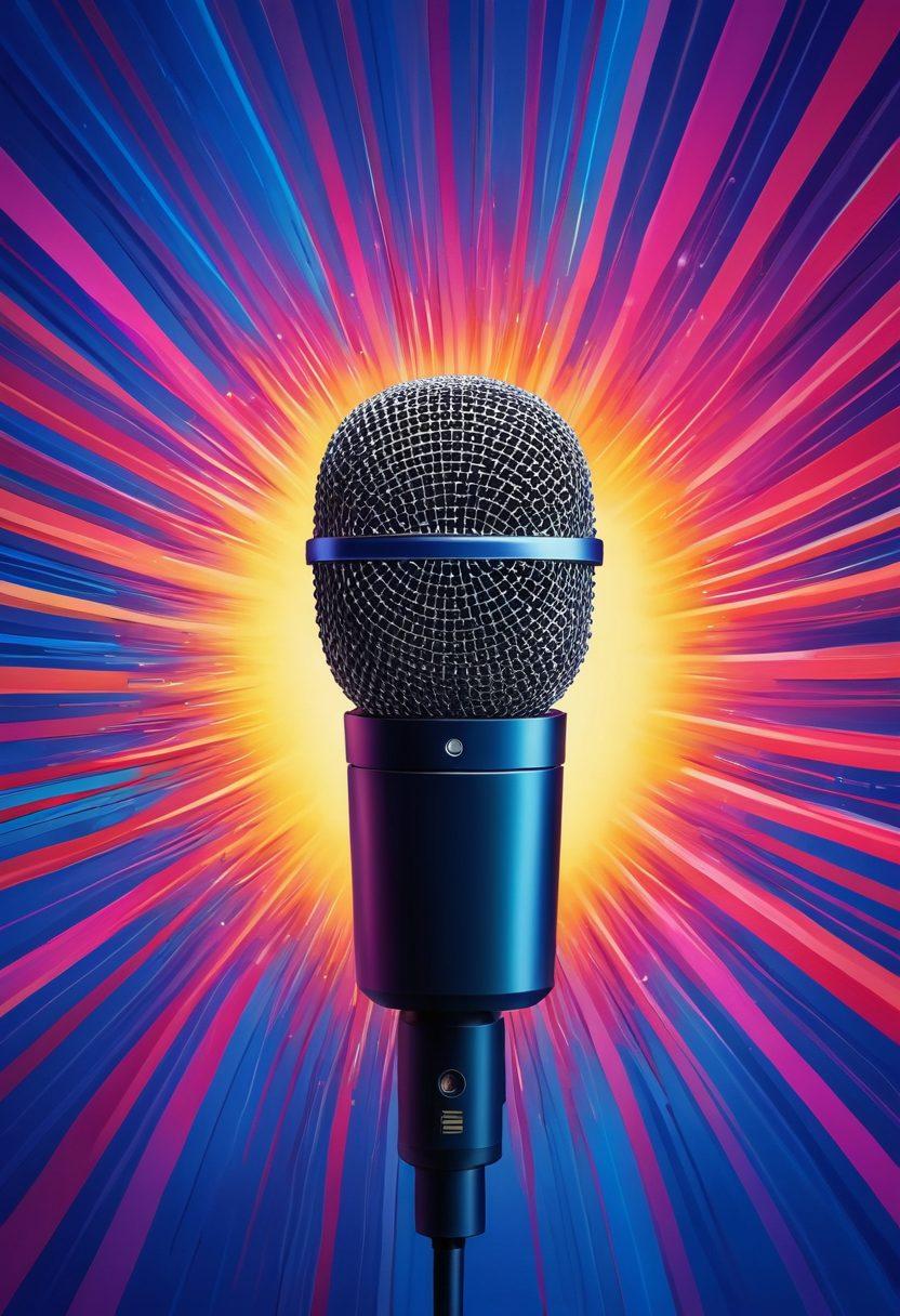 A close-up of a microphone radiating sound waves, symbolizing the power of voice in the blogosphere. Surrounding the microphone are vibrant, stylized icons of social media platforms and flourishing blog pages, emanating an aura of creativity and communication. The background features an abstract blend of colors to represent diverse voices and ideas merging together. super-realistic. vibrant colors. modern design.