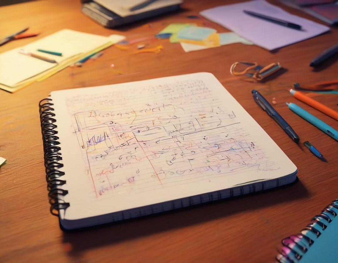 A stylized scene of an open notebook with colorful sketches and notes scattered around, showcasing a diverse group of people engaged in conversation, their voices visually represented as vibrant sound waves. A faint silhouette of a microphone stands in the background, symbolizing the idea of sharing unique voices and insights. The setting is warm and inviting, with soft lighting enhancing the creative atmosphere. super-realistic. vibrant colors. warm tones.