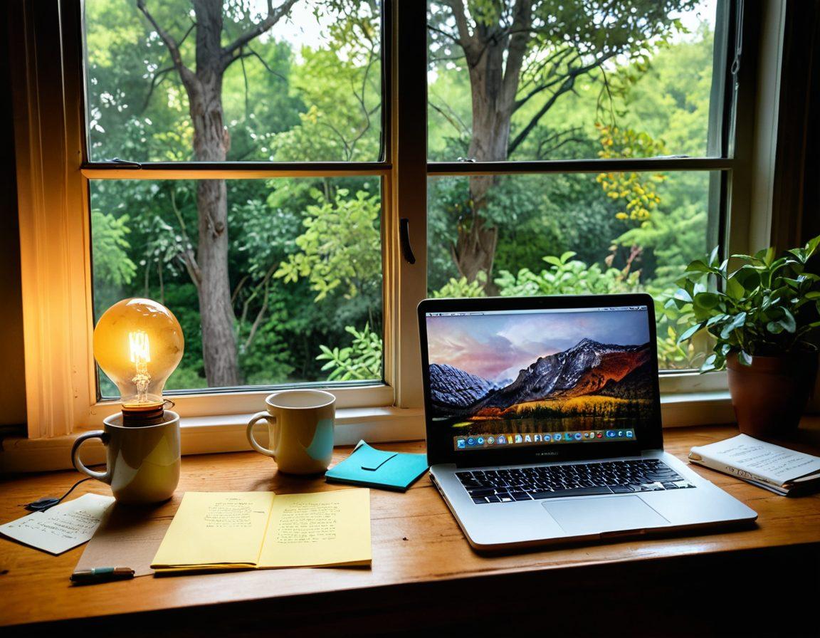 An inspiring workspace filled with books, a laptop, and colorful sticky notes scattered around, depicting a writer's journey. In the background, an open window showing a serene nature view to symbolize ideas flowing freely. A glowing light bulb above to represent creativity and inspiration. An inviting coffee cup beside the laptop, inviting readers to dive in and write their own stories. watercolor style. warm tones.